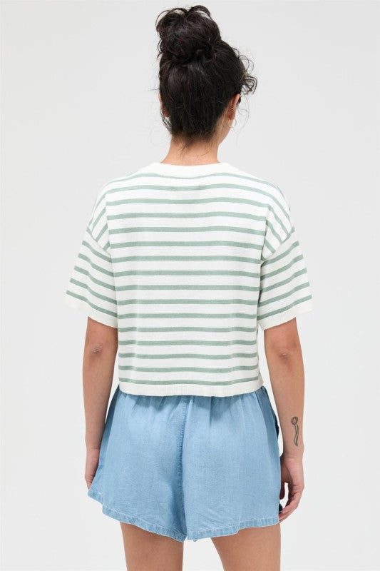 Paul Striped Crop Tee- Sage Green