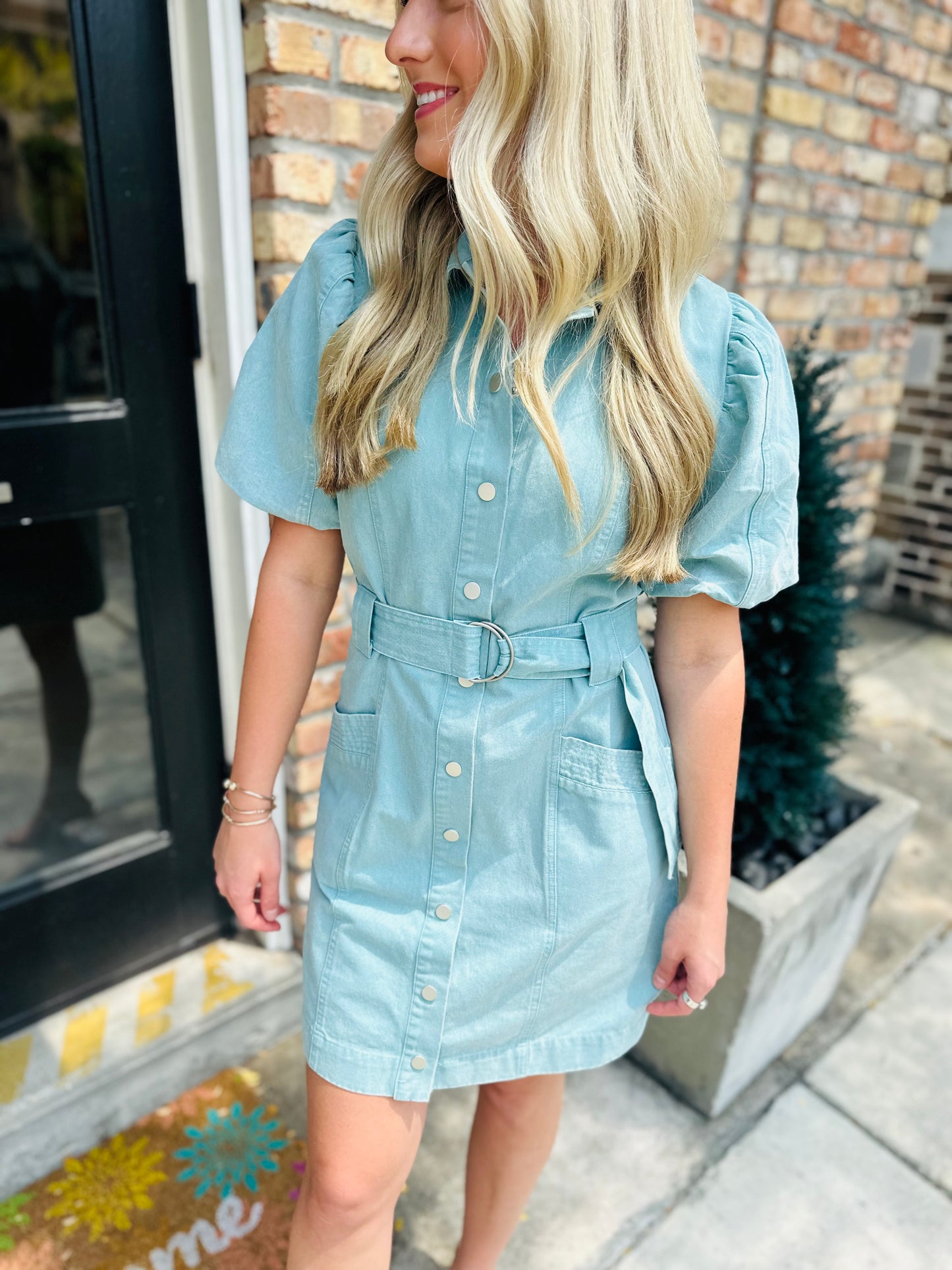 Abide Button Denim Dress- Mint