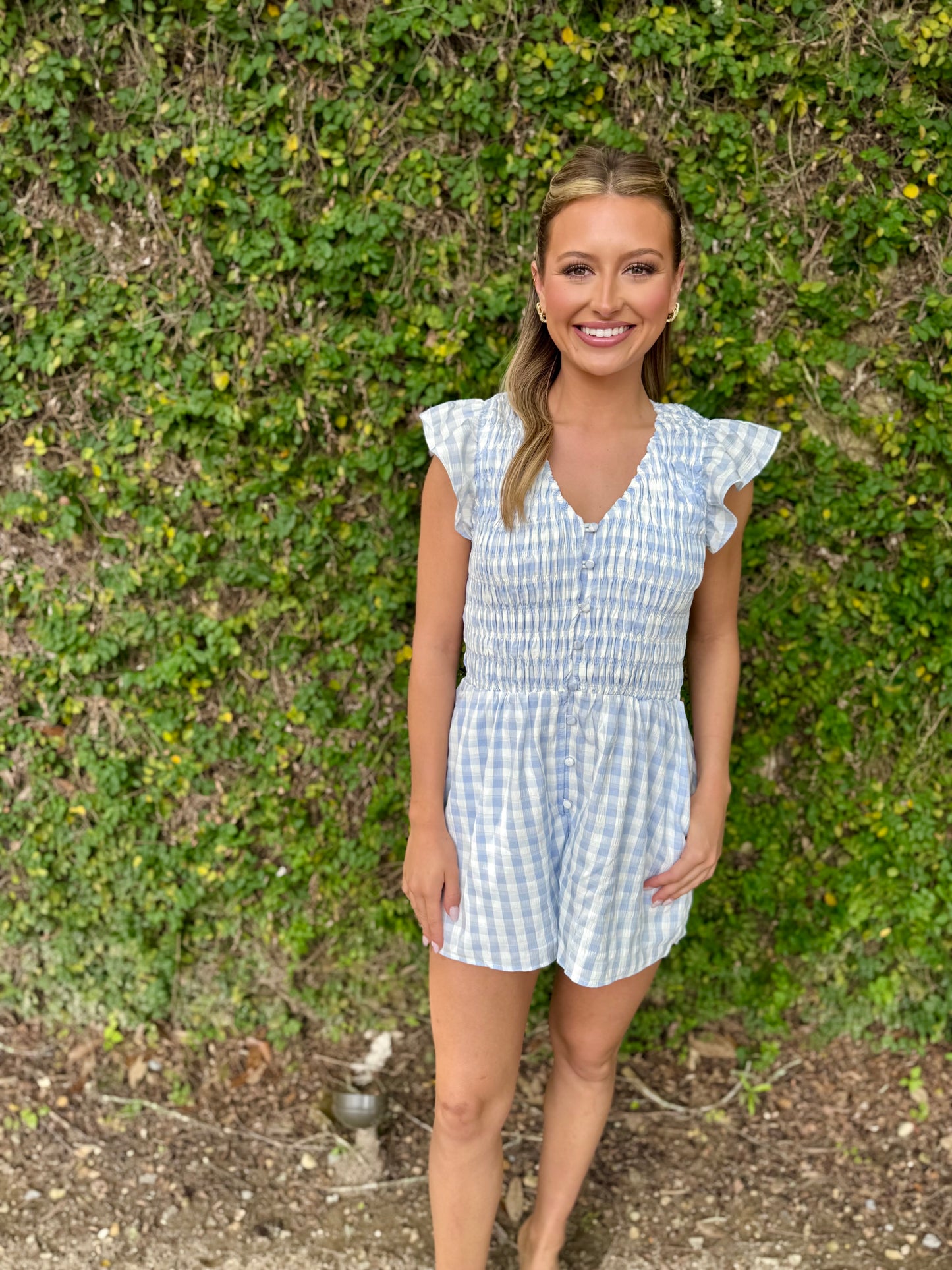 Starlet Gingham Romper- Sky Blue