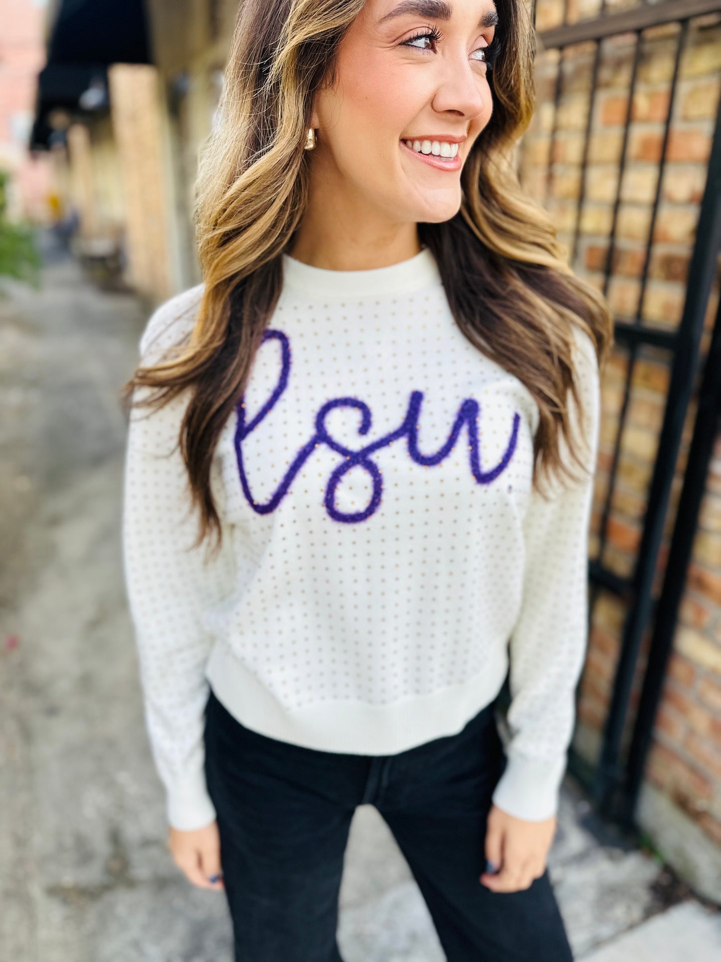 LSU Rhinestone Script Sweater