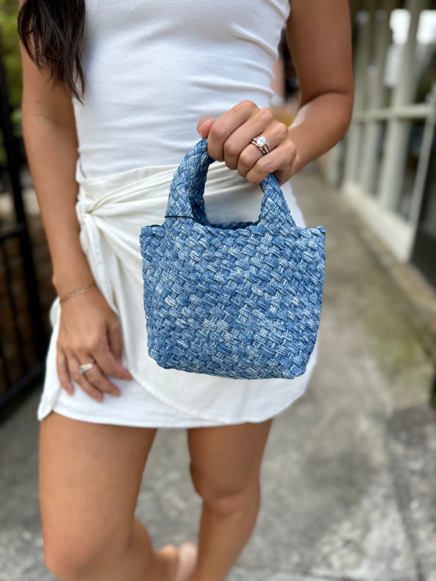 Harper Mini Woven Clutch- Denim