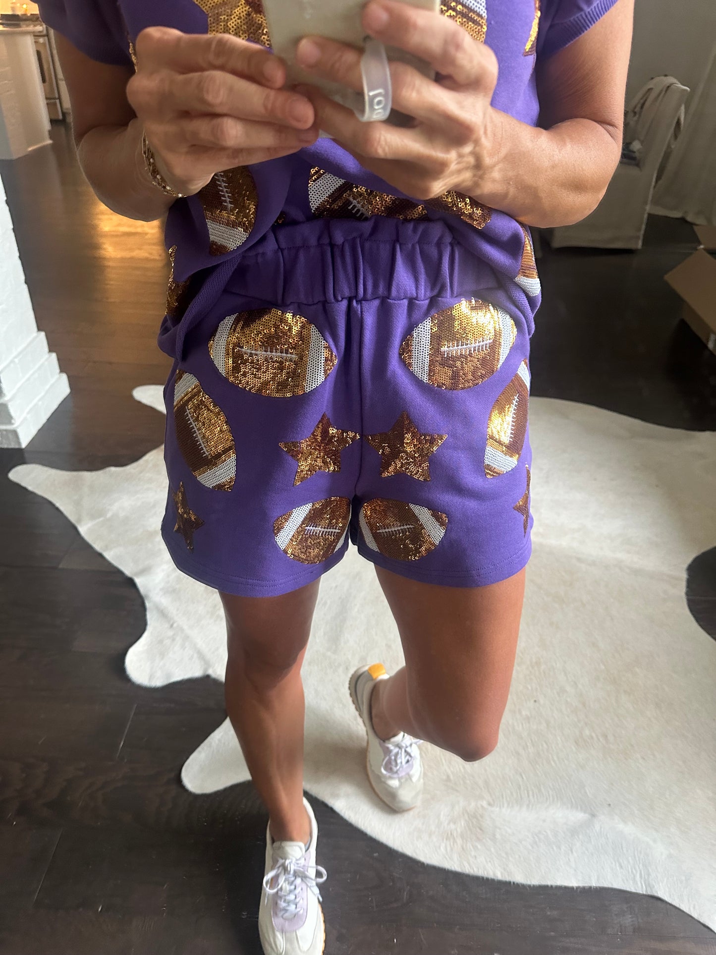 Scattered Football & Stars Shorts- Purple