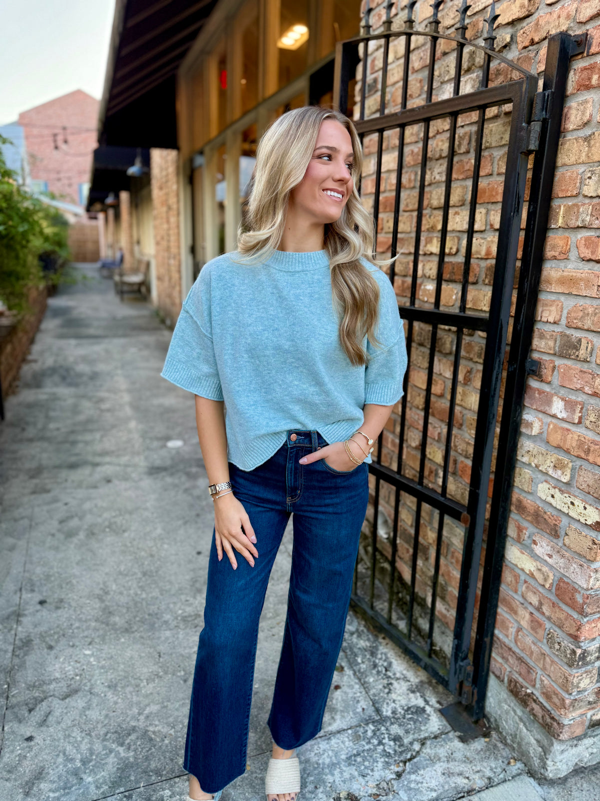 Brendan Mock Neck Sweater Top- Sky