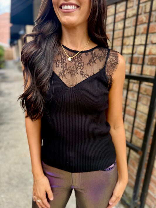 Kourt Lace Rib Knit Top- Black