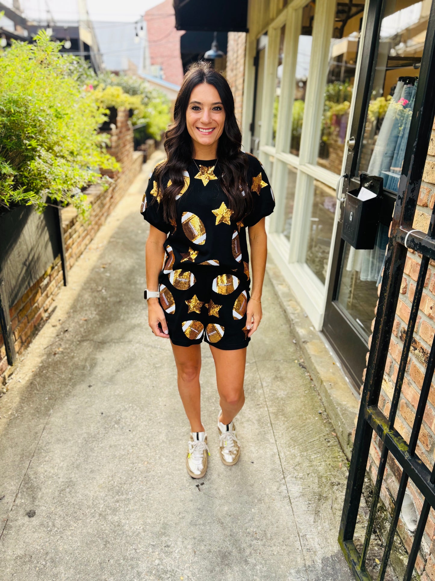 Scattered Football & Stars Top- Black