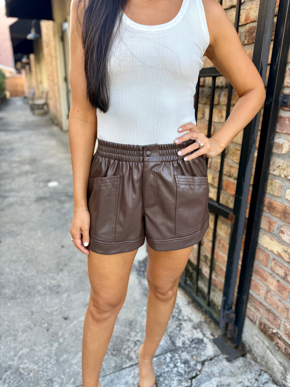 Albe Faux Leather Shorts- Brown