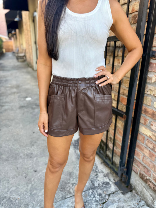 Albe Faux Leather Shorts- Light Brown
