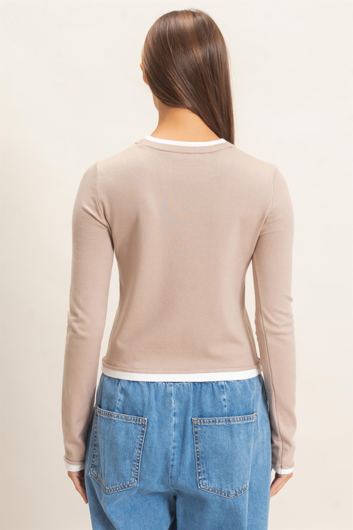 Layer Effect LS Knit Top- Taupe