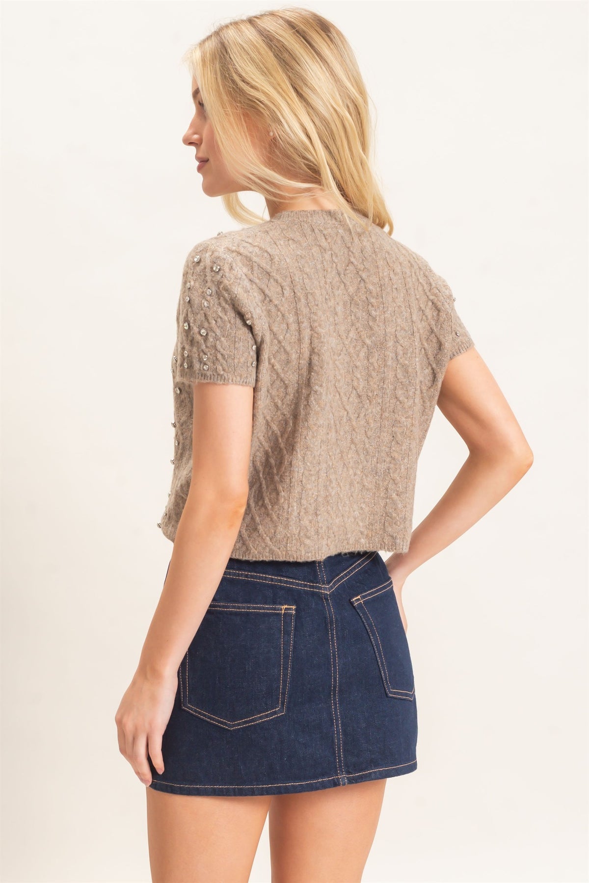 Embellished Cable Knit Sweater- Mocha