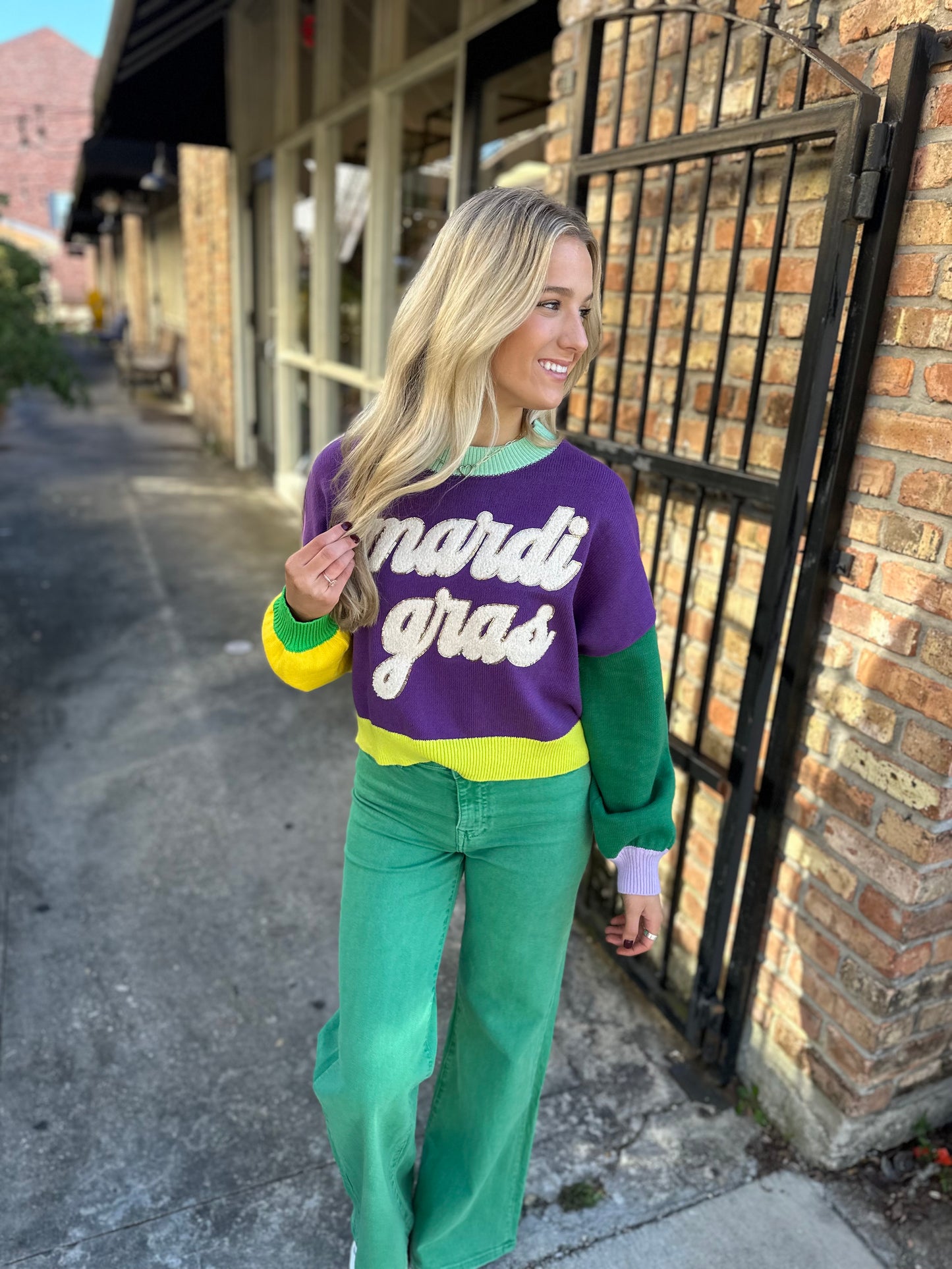 Mardi Gras Fuzzy Colorblock Sweater- Purple