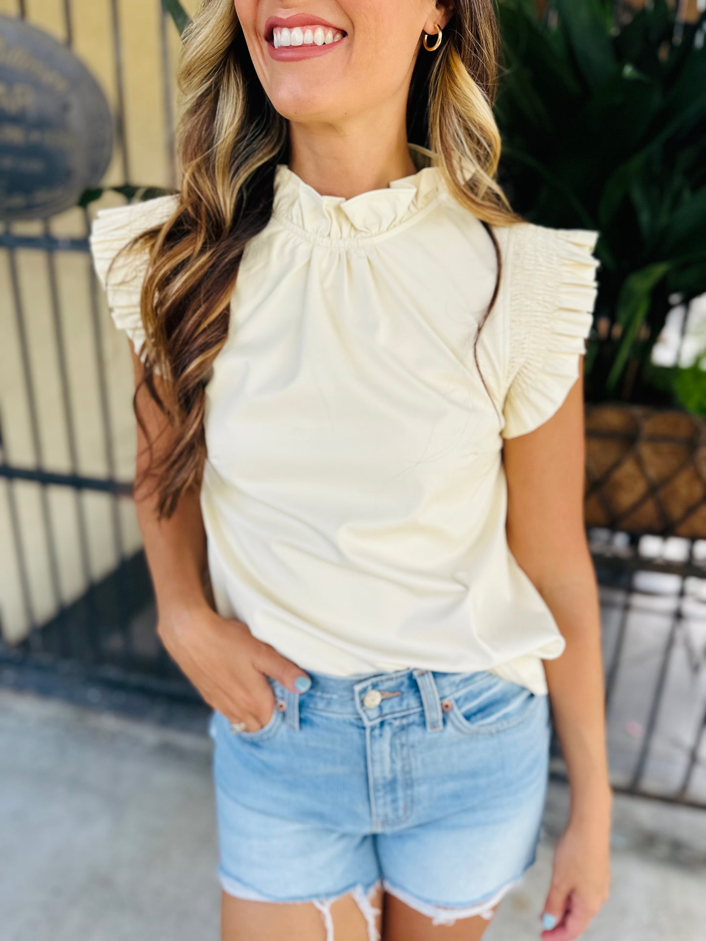 Flutter Sleeve Faux Leather Top- Cream