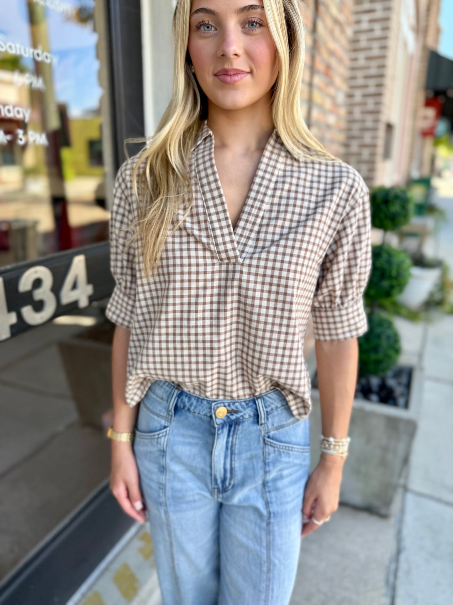Johnny Gingham Top- Mocha Natural