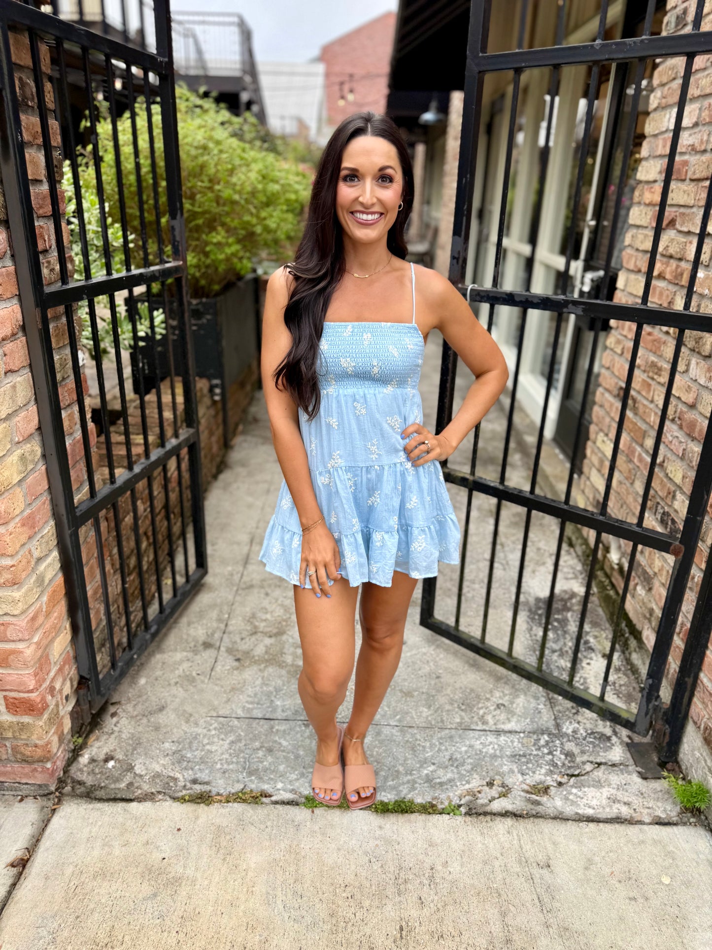 Gina Embroidered Smocked Tiered Romper