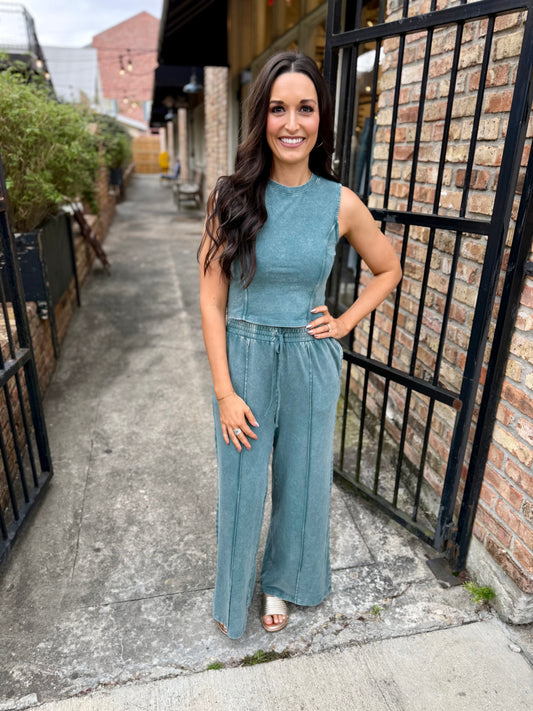 FP Mineral Washed 2 PC Pants Set- Dark Teal