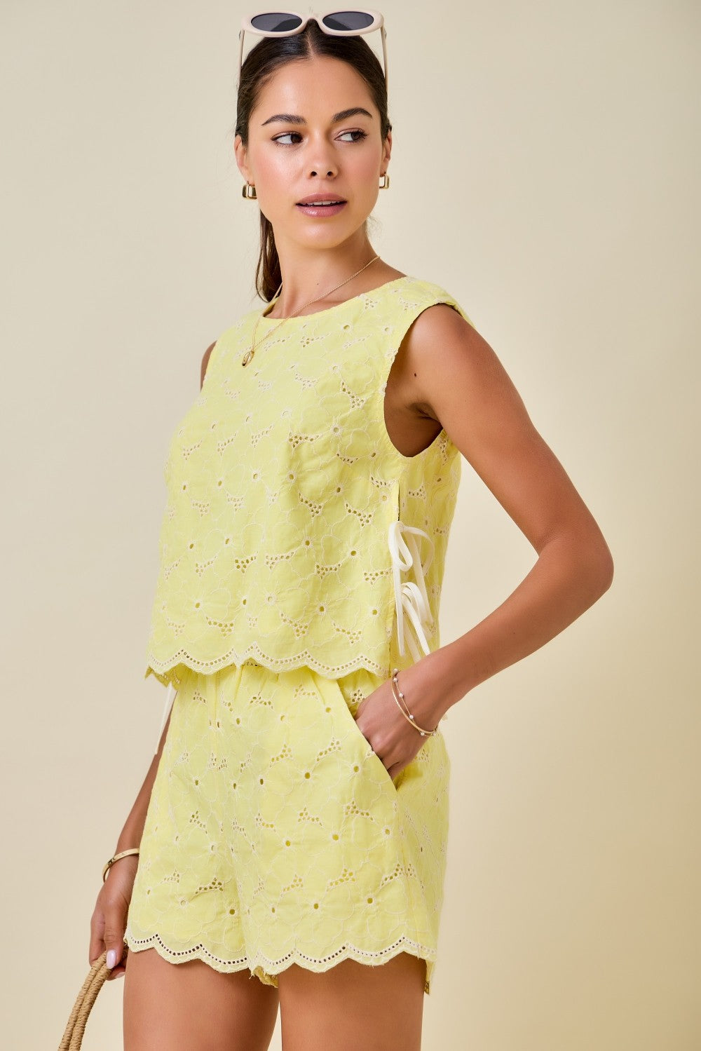 Kenny Eyelet Tied Top- Lemon