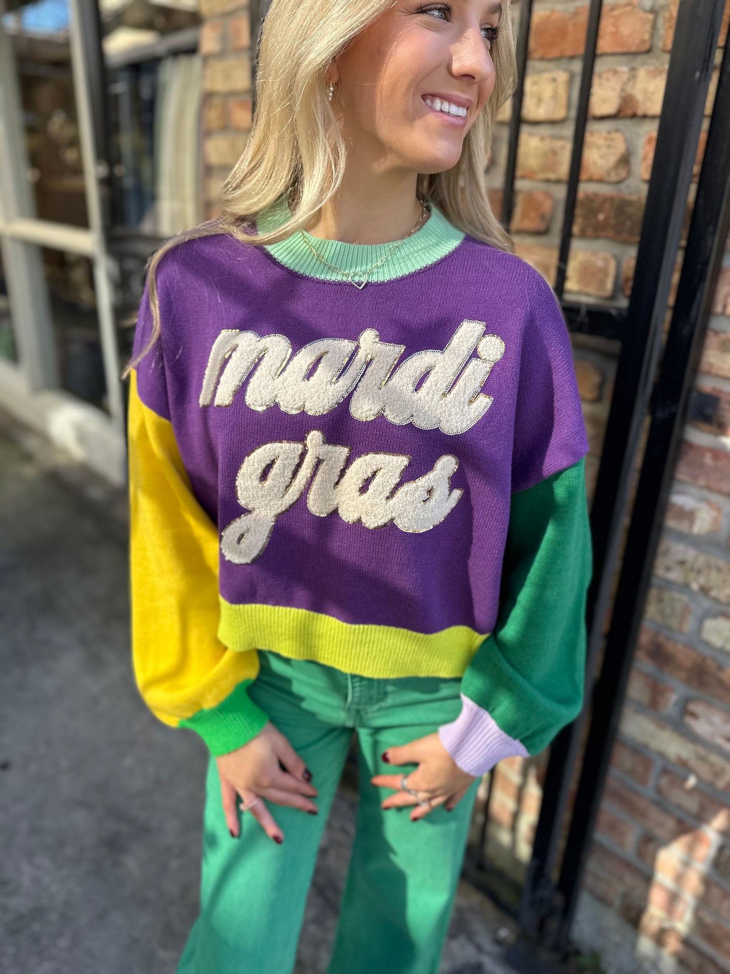 Mardi Gras Fuzzy Colorblock Sweater- Purple