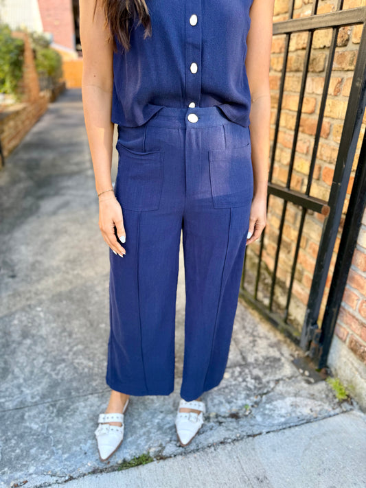 Front Pocket Linen Pants- Navy