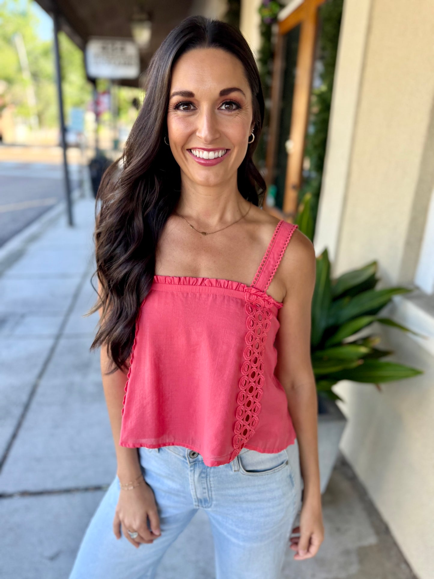 Doha Eyelet Flowy Tank- Bright Pink