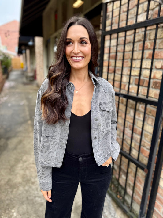 Miley Button Front Jacket- Grey Cheetah