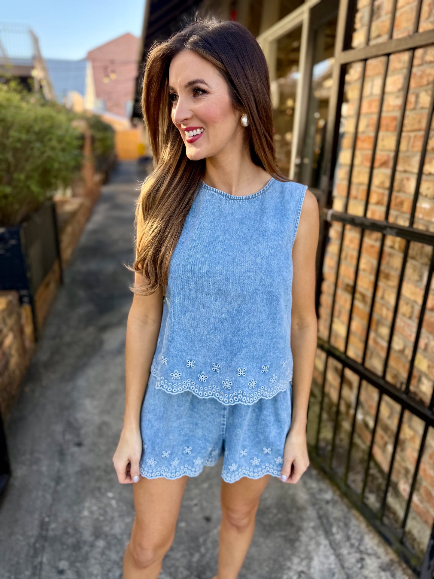 Embroidered Scalloped Denim Top