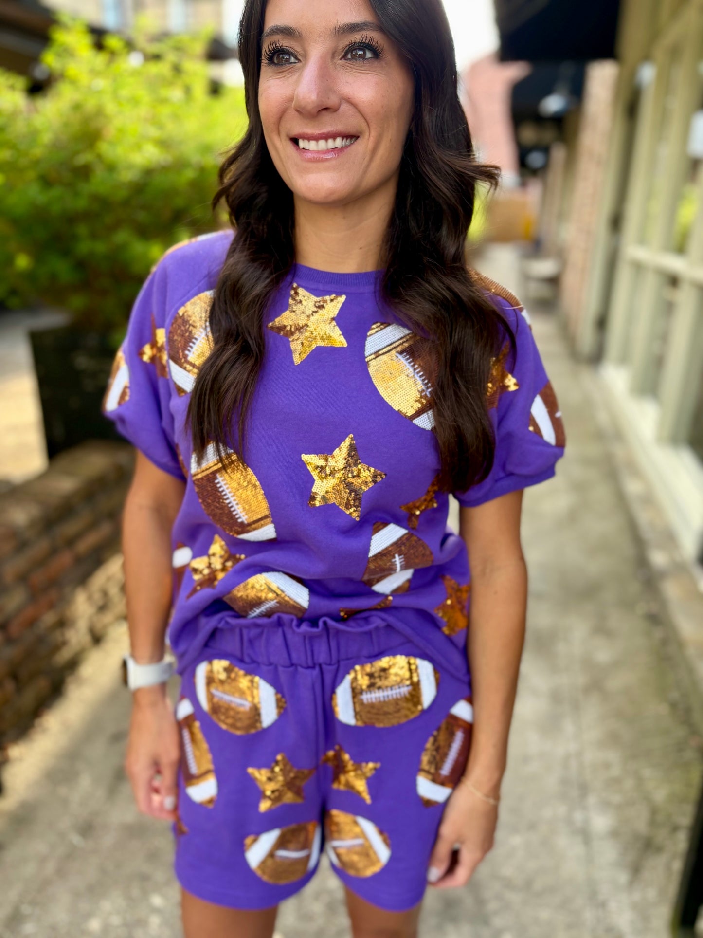 Scattered Football & Stars Shorts- Purple