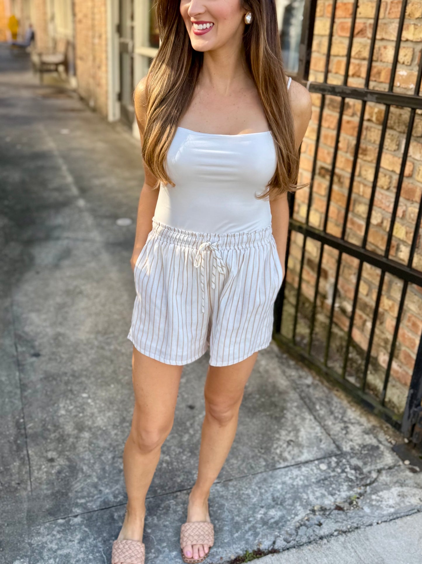 Prairie Striped Drawstring Shorts- Taupe