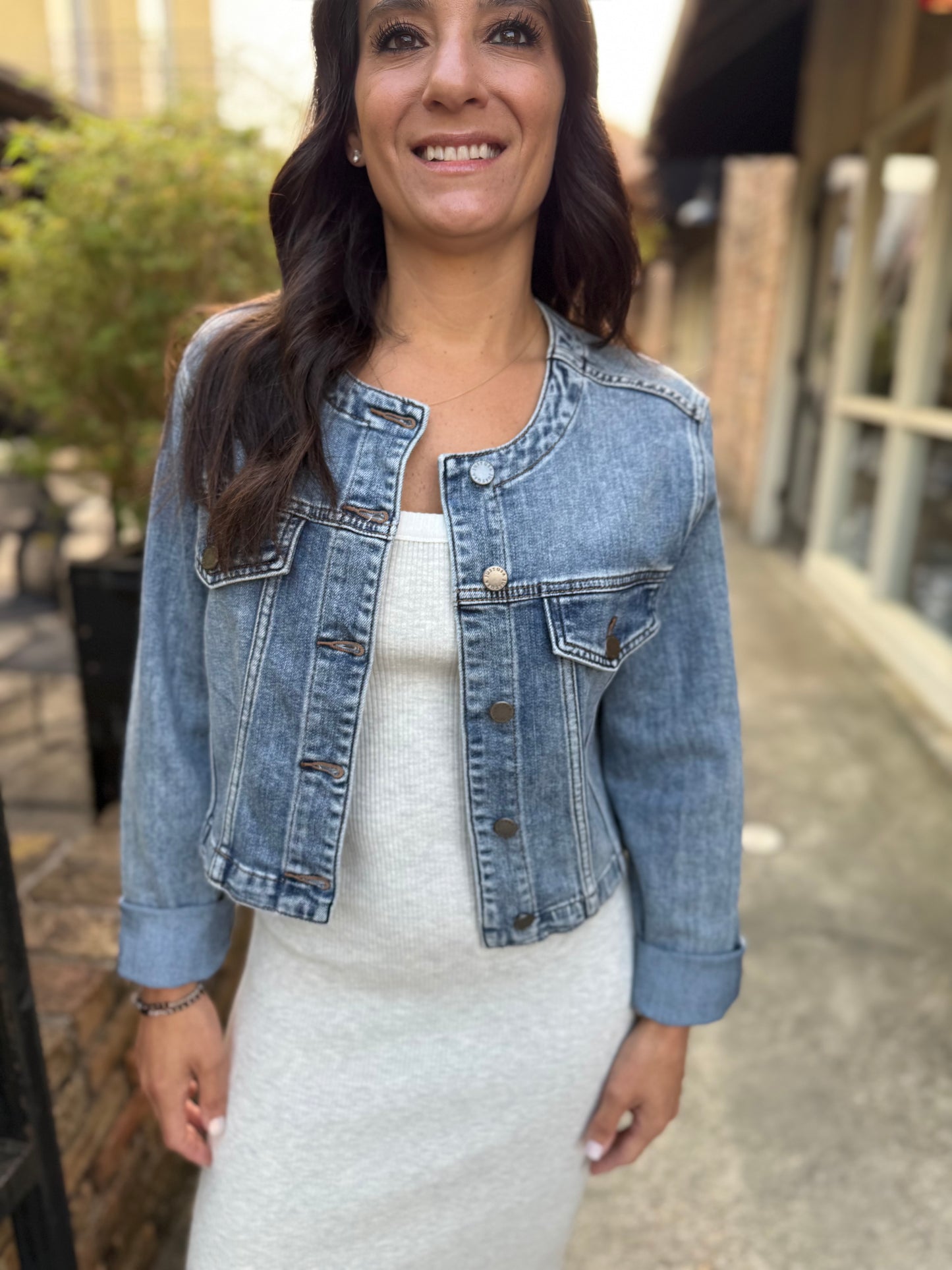 Collarless Denim Jacket