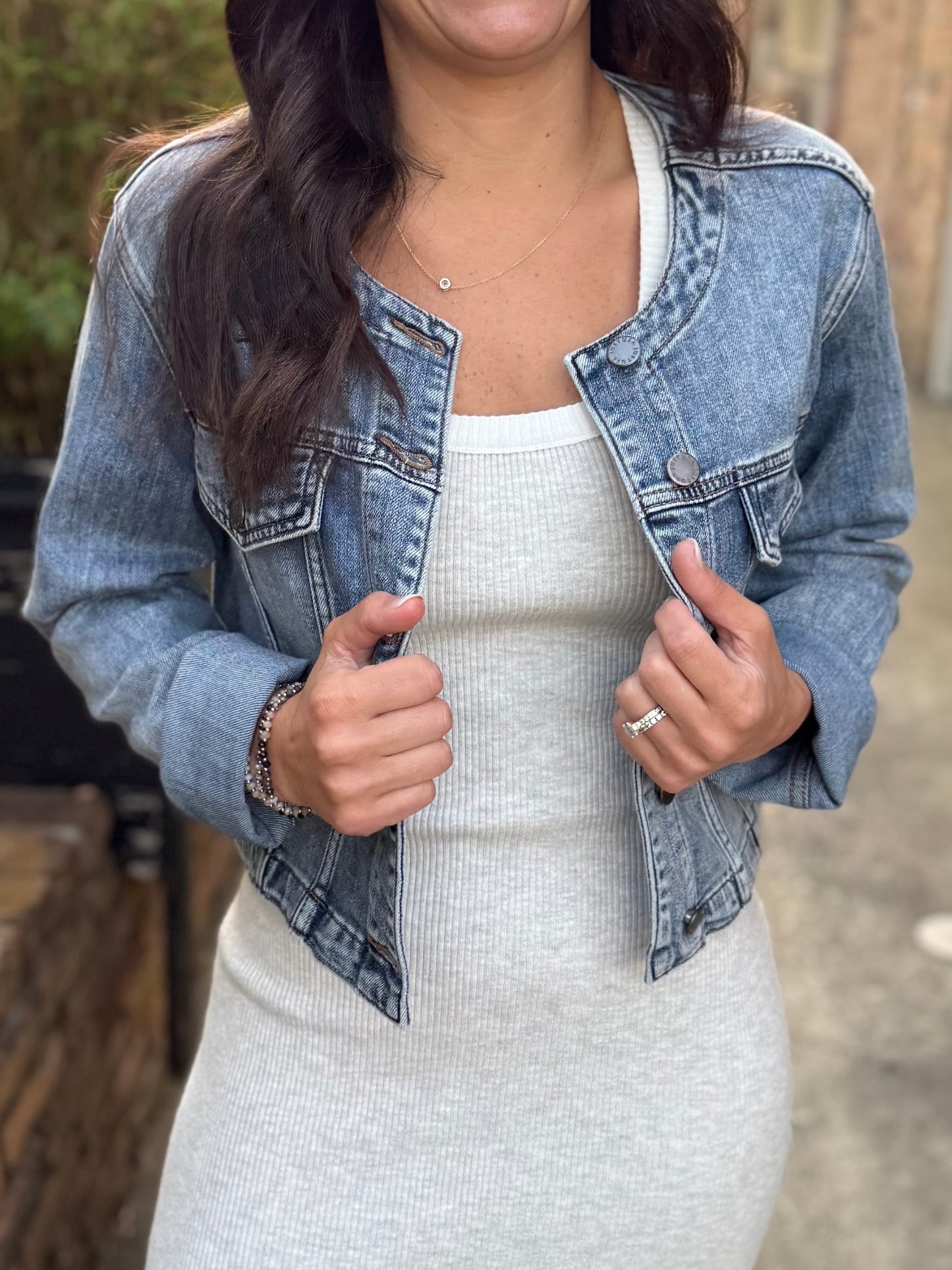 Collarless Denim Jacket