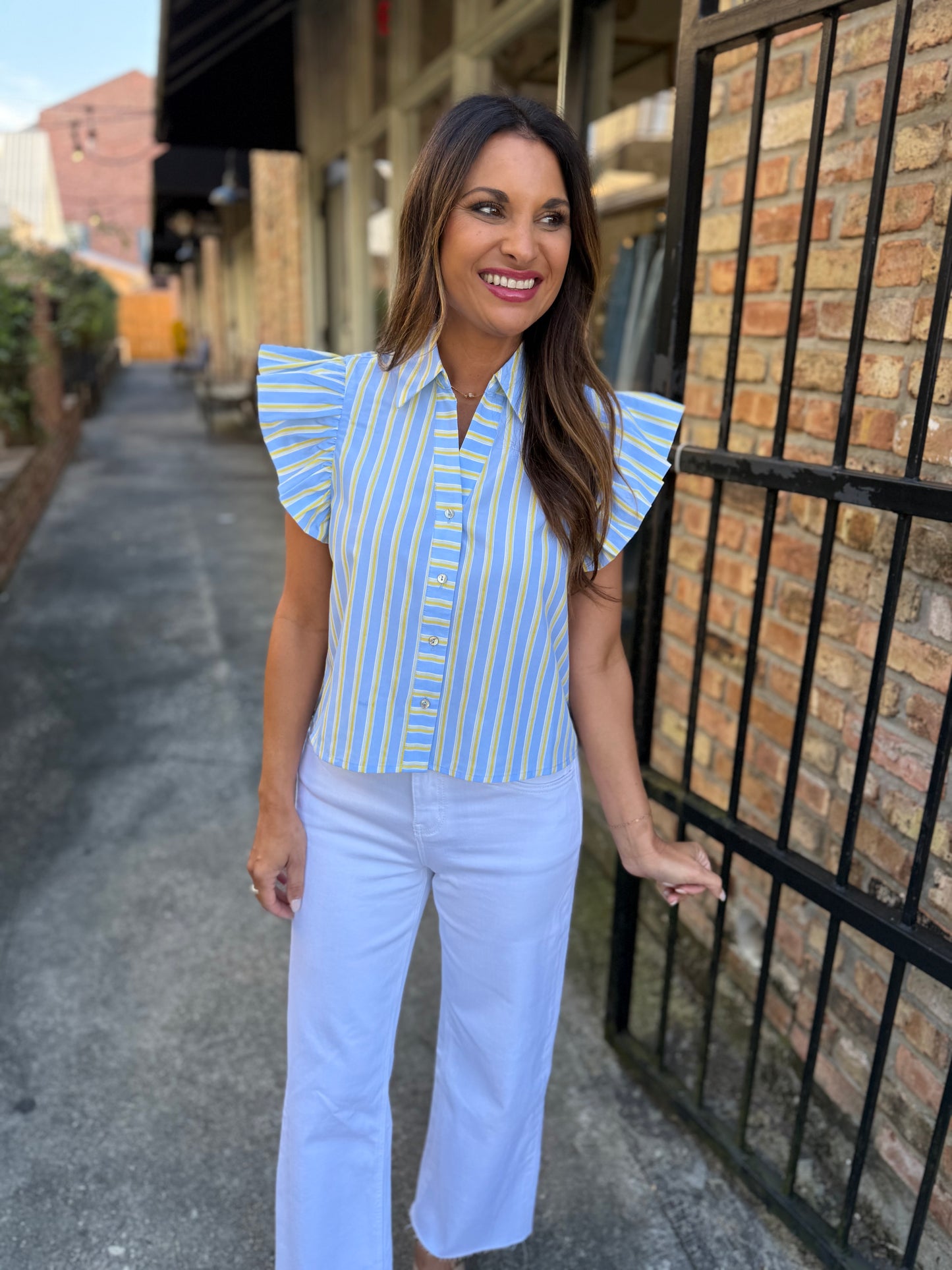 Fagan Flutter Sleeve Top- Blue/Yellow