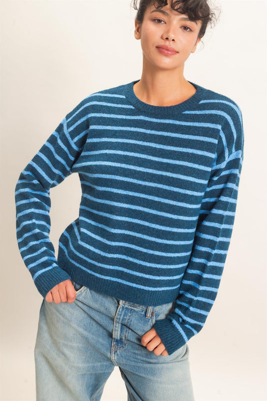 Ezra Striped Crew Neck Sweater- Blue