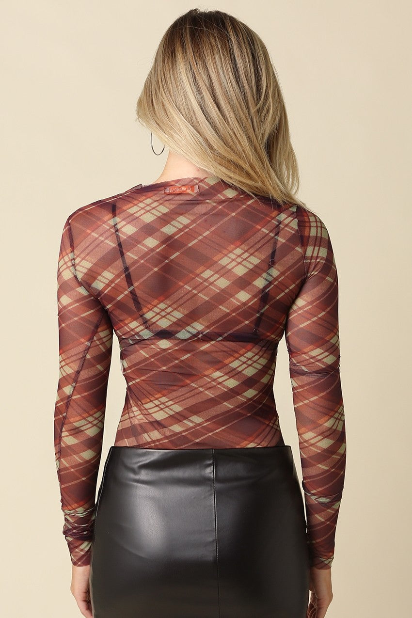 Clara Plaid Mesh Mock Neck Top