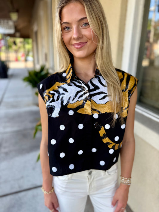 Queen Polka Dot Tiger Tank- Black & White