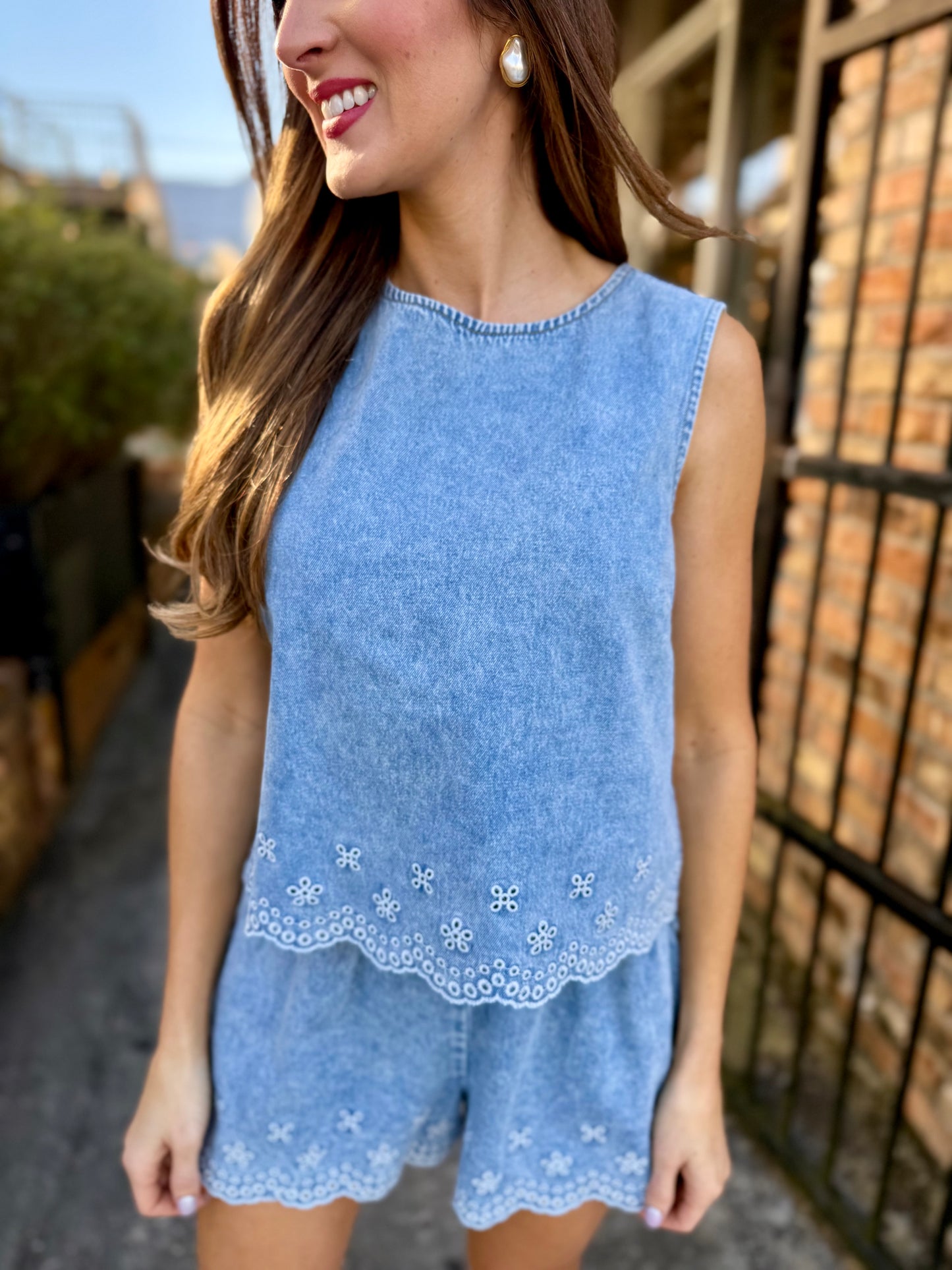 Embroidered Scalloped Denim Top