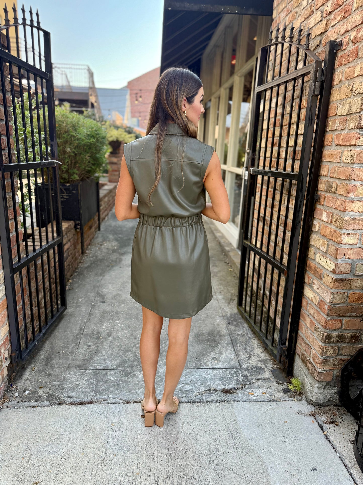 Ellie Faux Leather Mini Dress- Pine