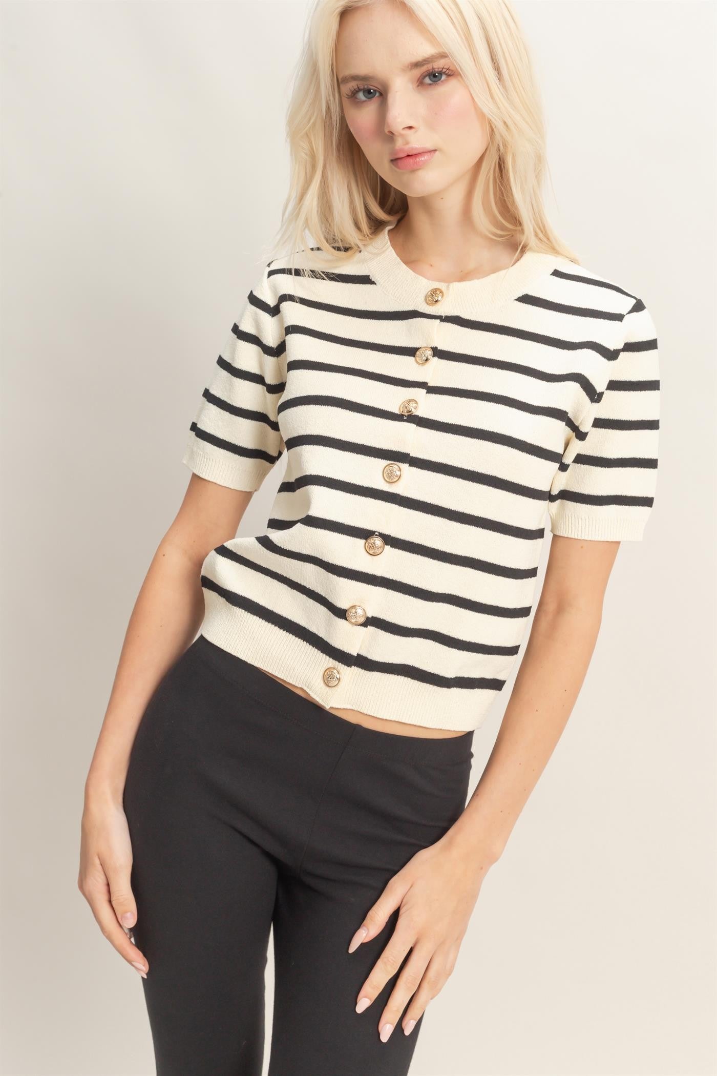 Naomi Striped Cardigan Top- Black