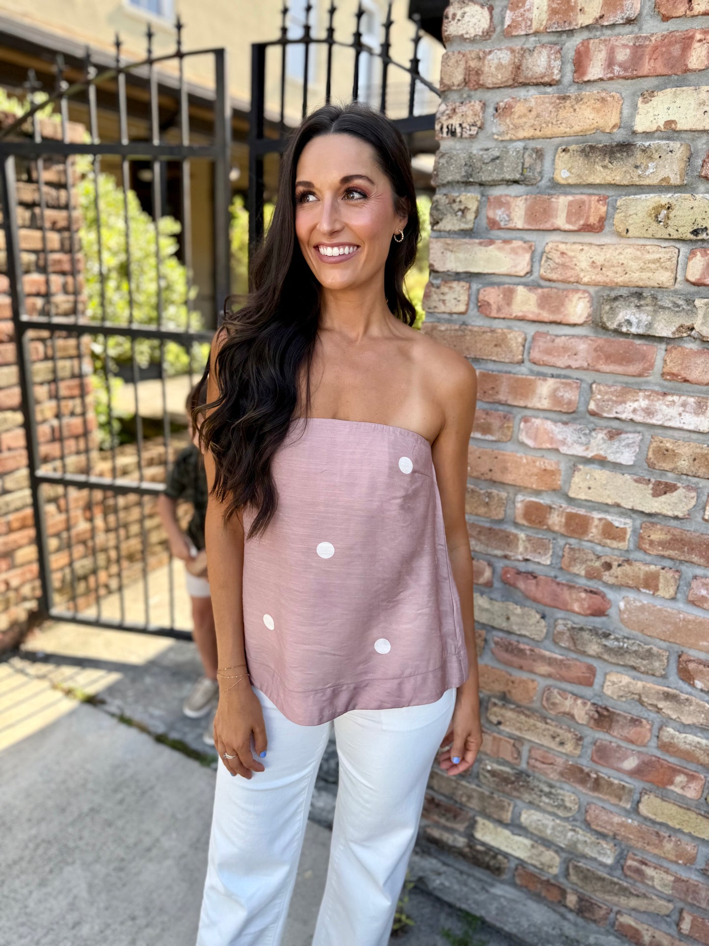 Polka Dot Strapless Top- Mocha