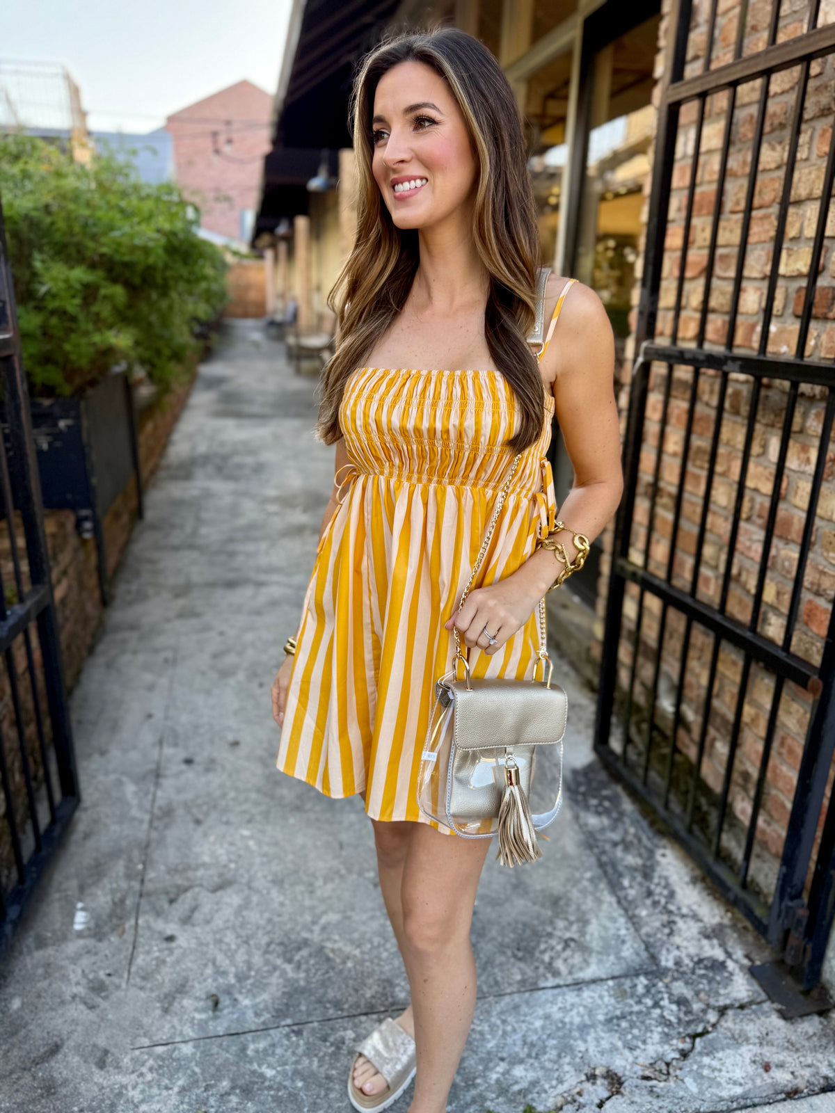 Huddle Striped Smocked Mini Dress- Butter Yellow