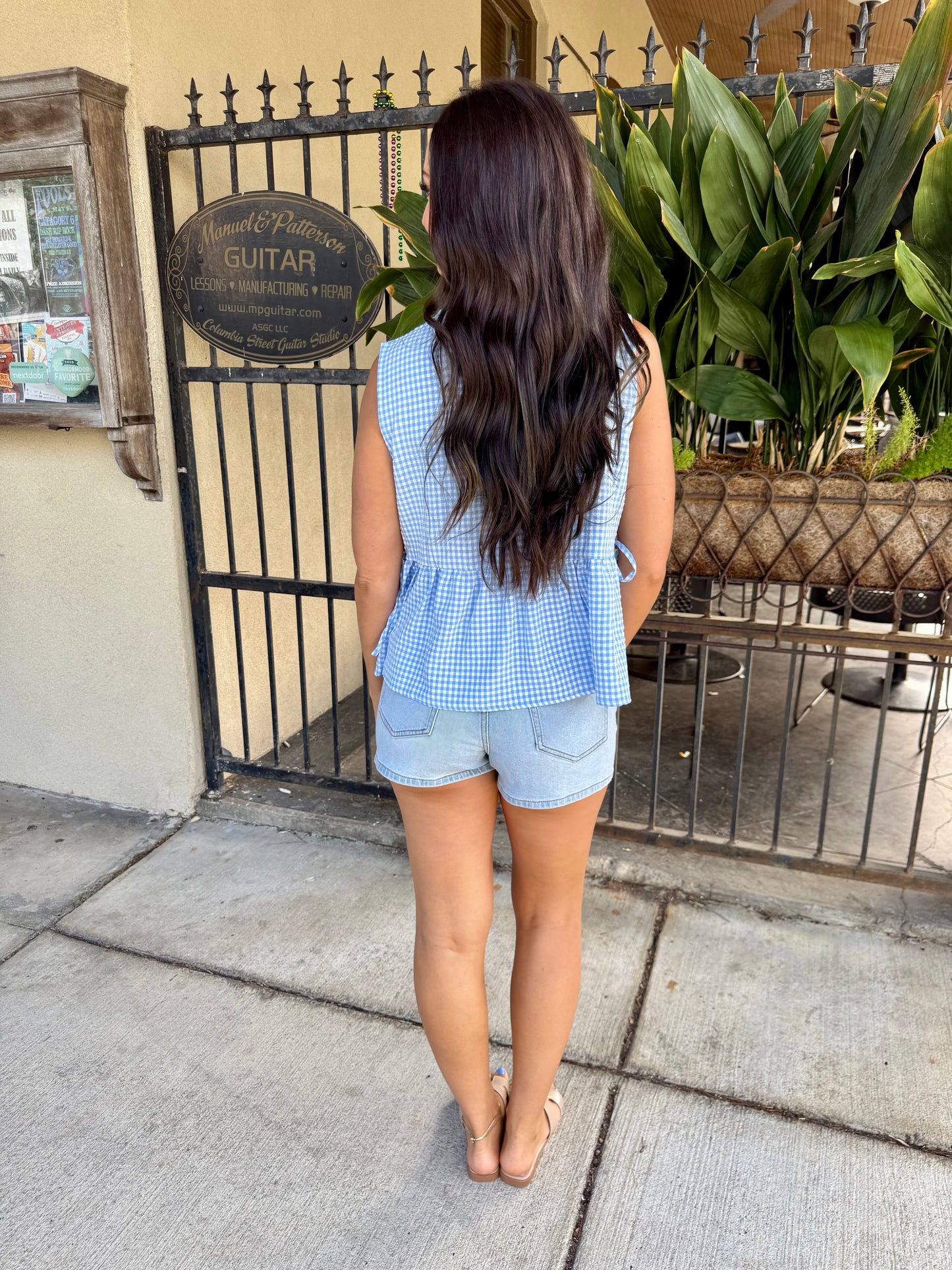 Gingham Peplum Top- Blue