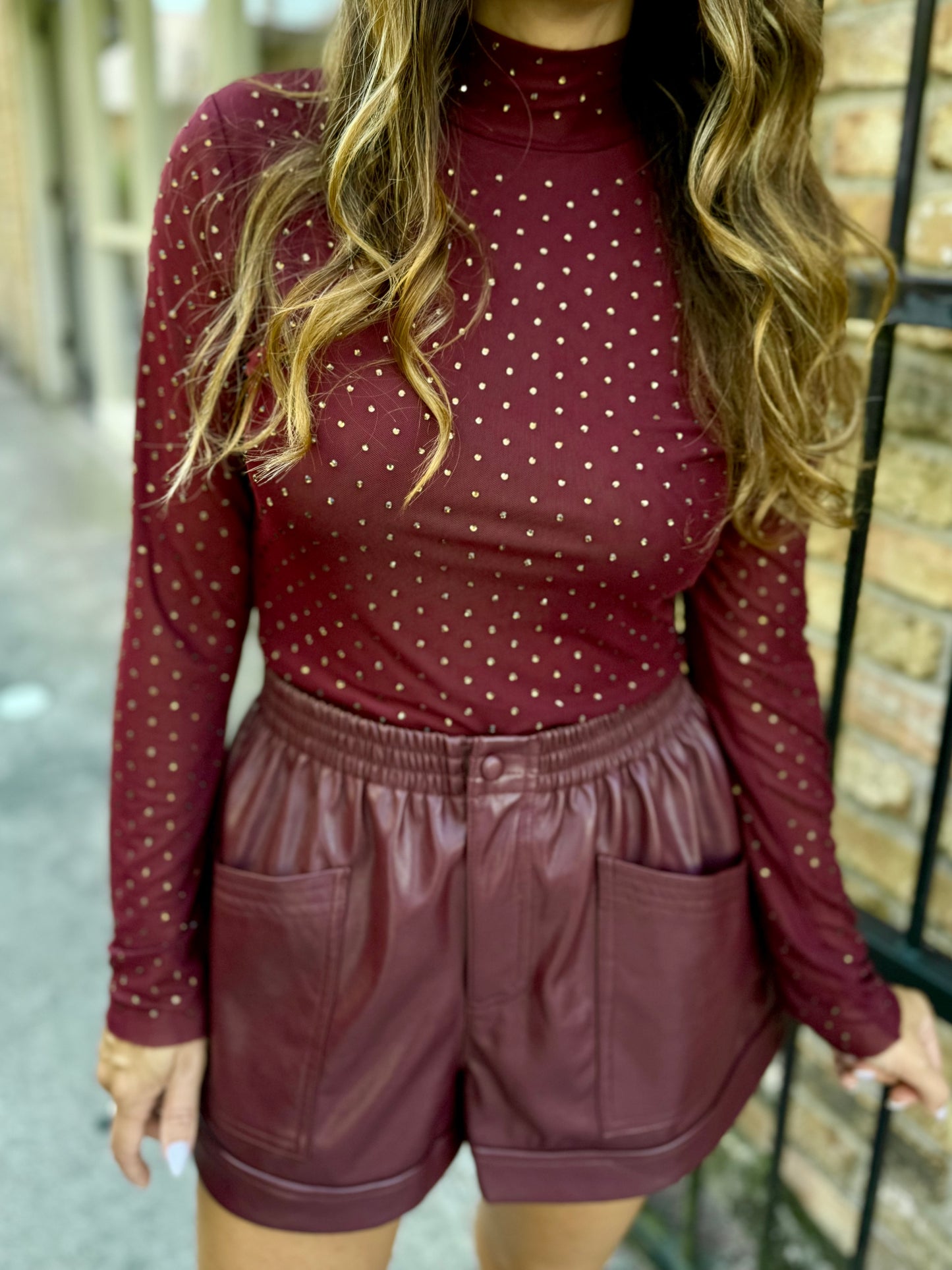 Embellished Mesh Mock Neck Top- Burgundy