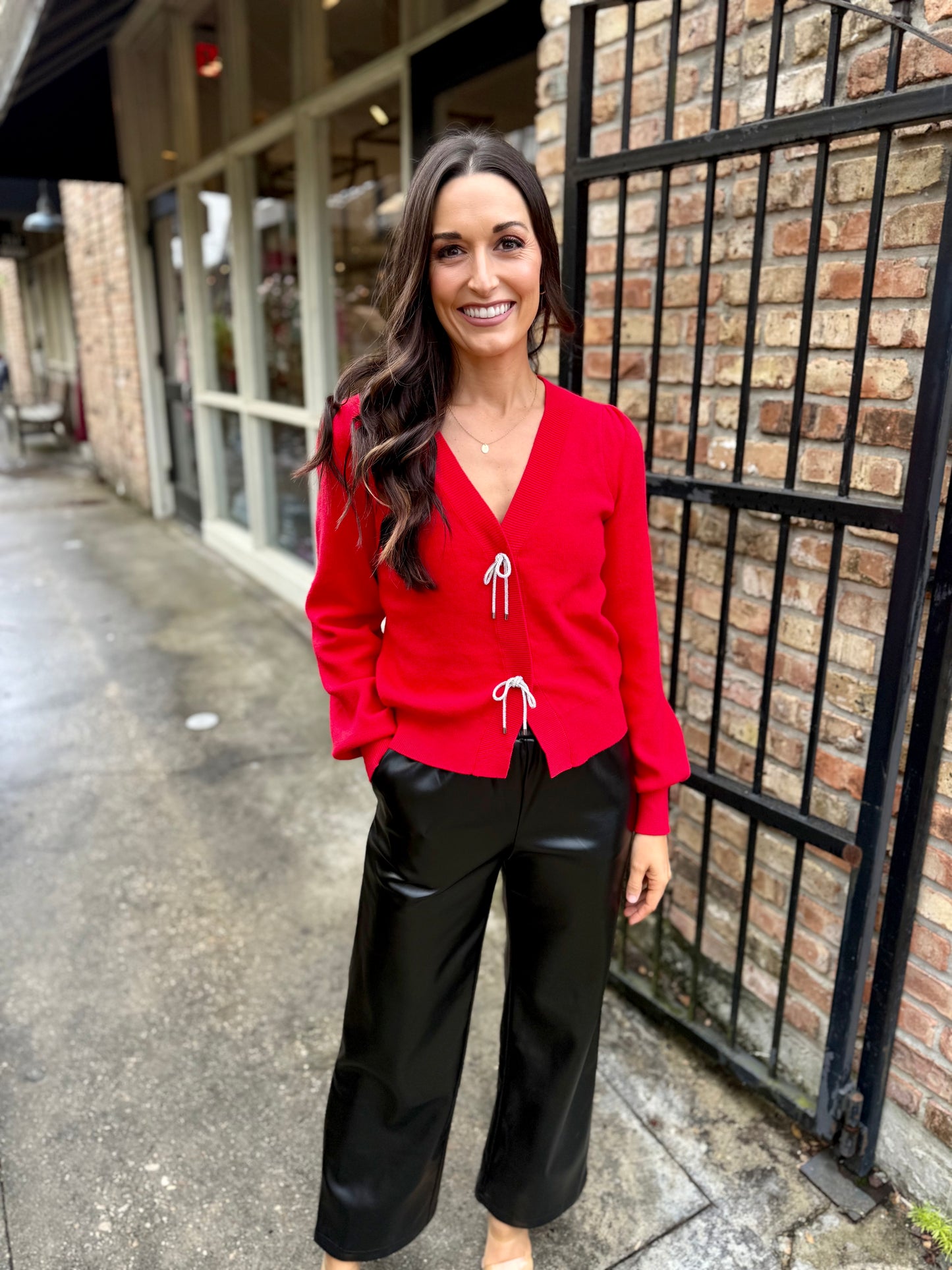 Rhinestone Bow Cardigan- Red