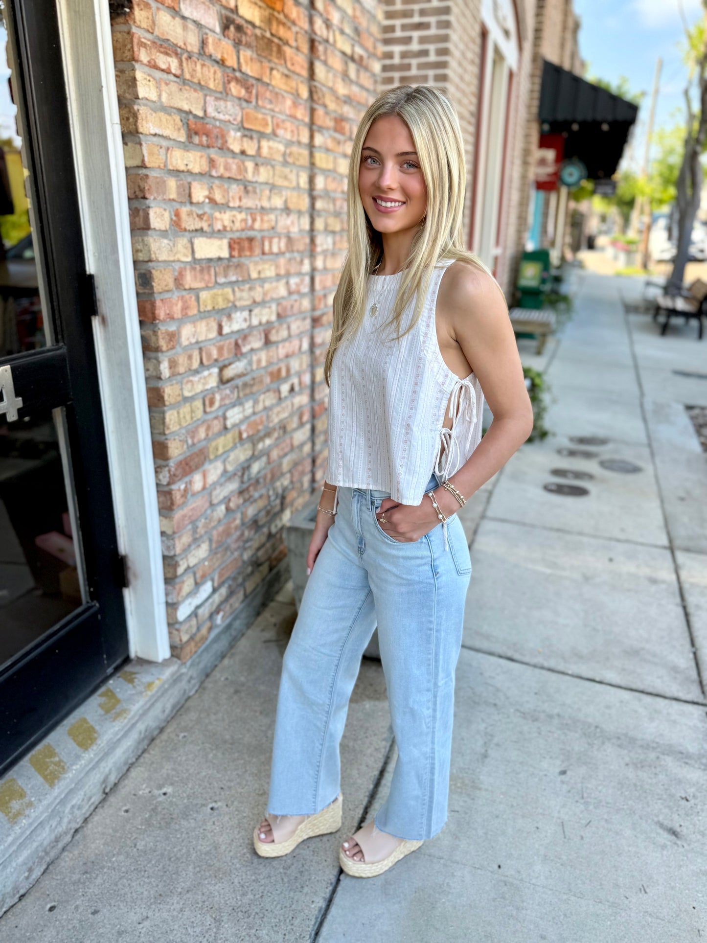 Heartland Side Tie Sleeveless Top- Cream