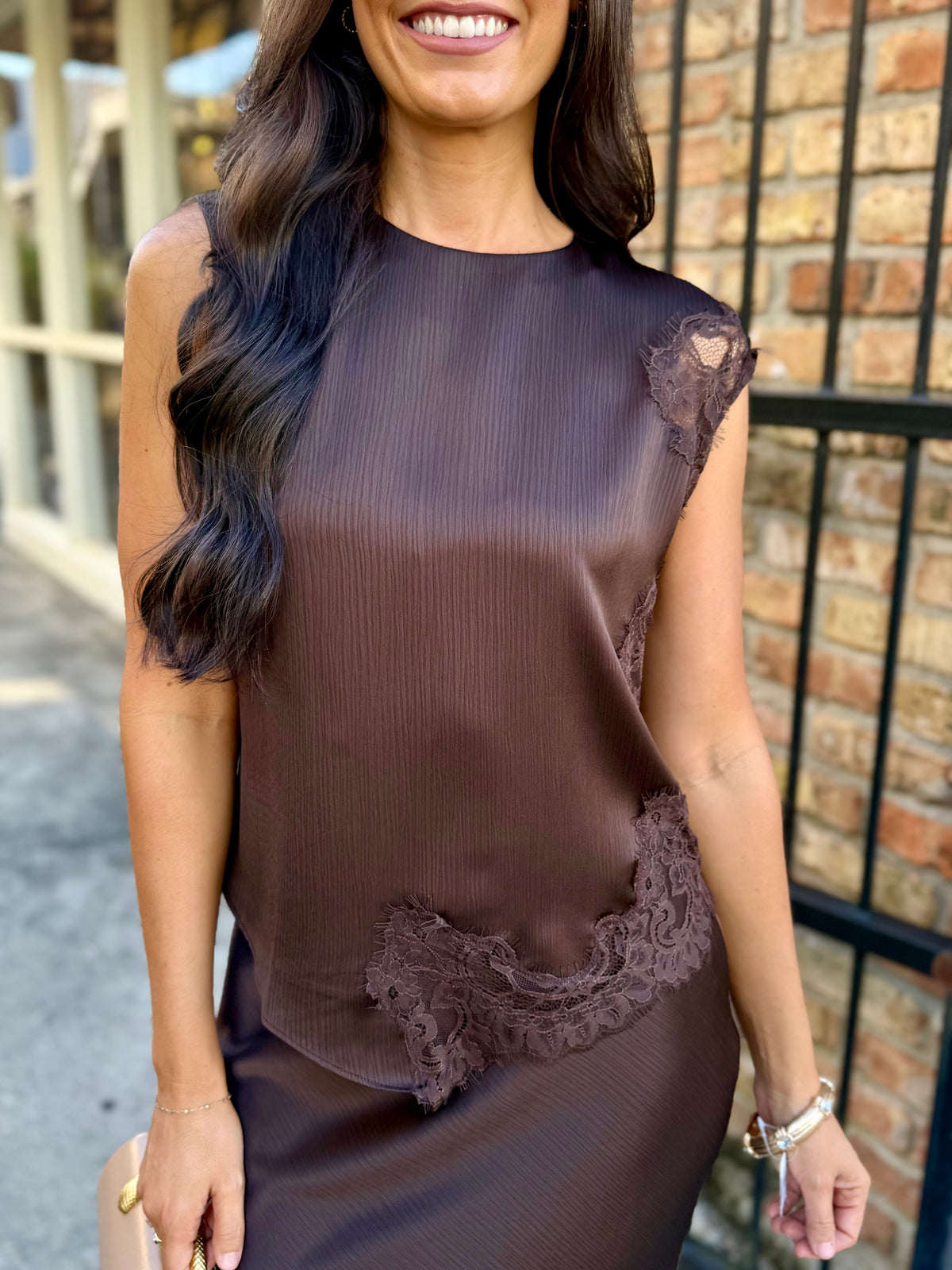 Meaux Mixed Lace Top- Brown