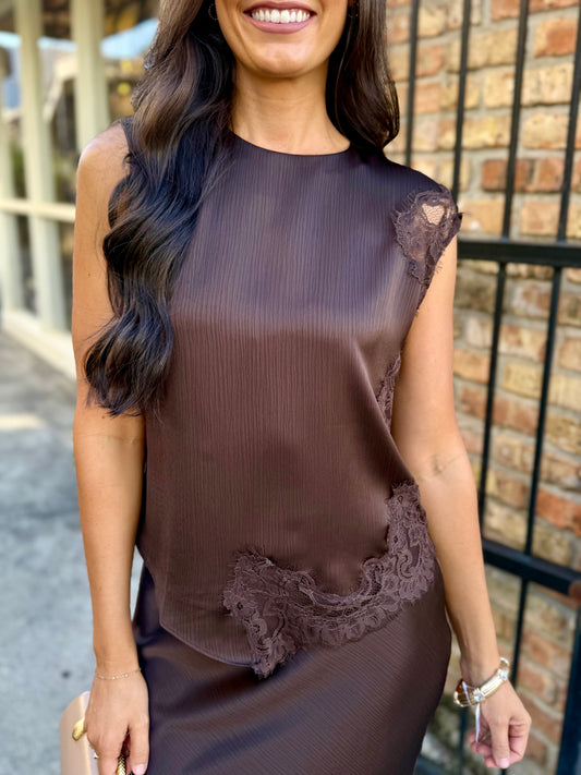 Meaux Mixed Lace Top- Brown