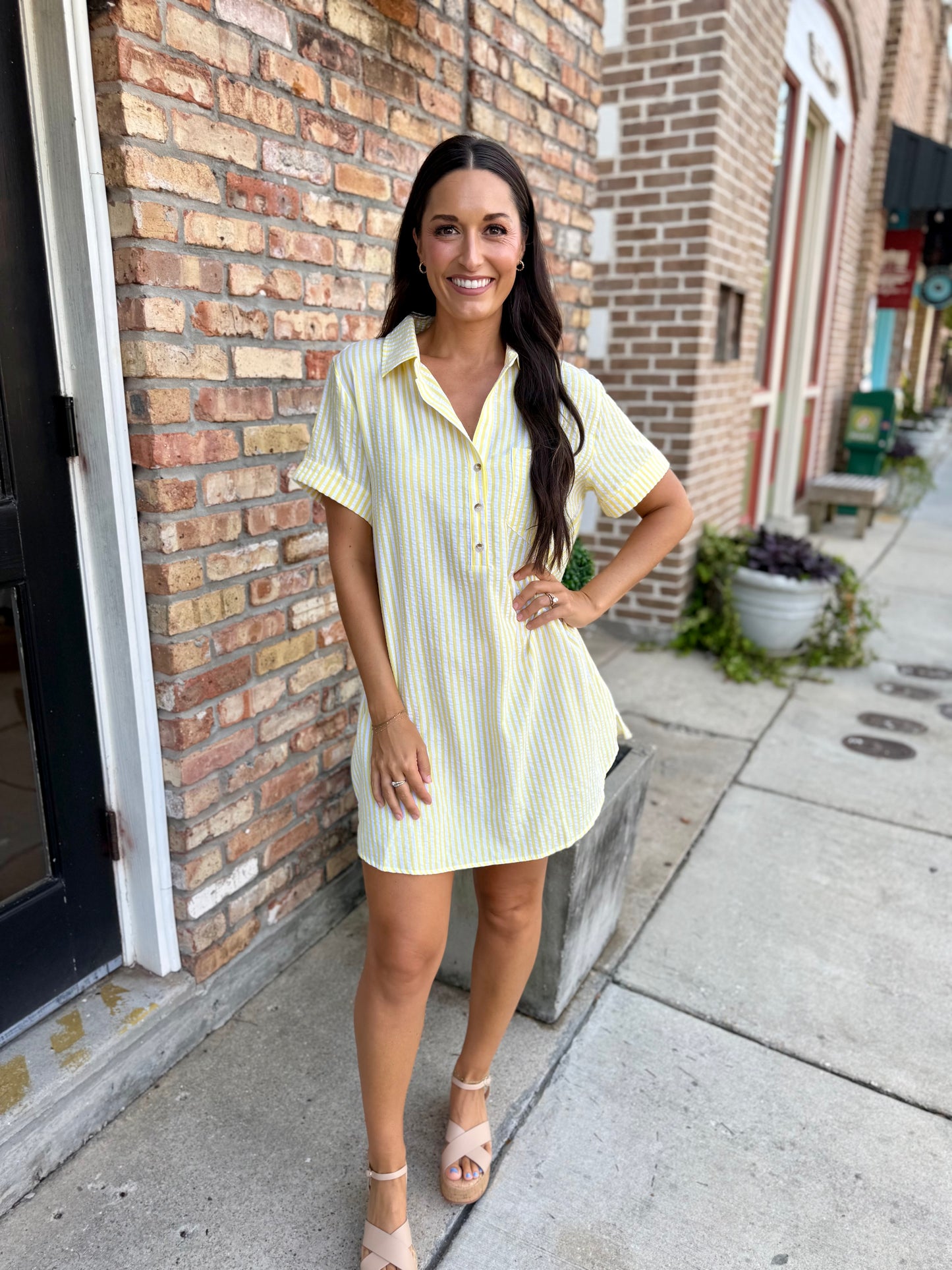 Day Striped Shirt Dress- Lemon/White