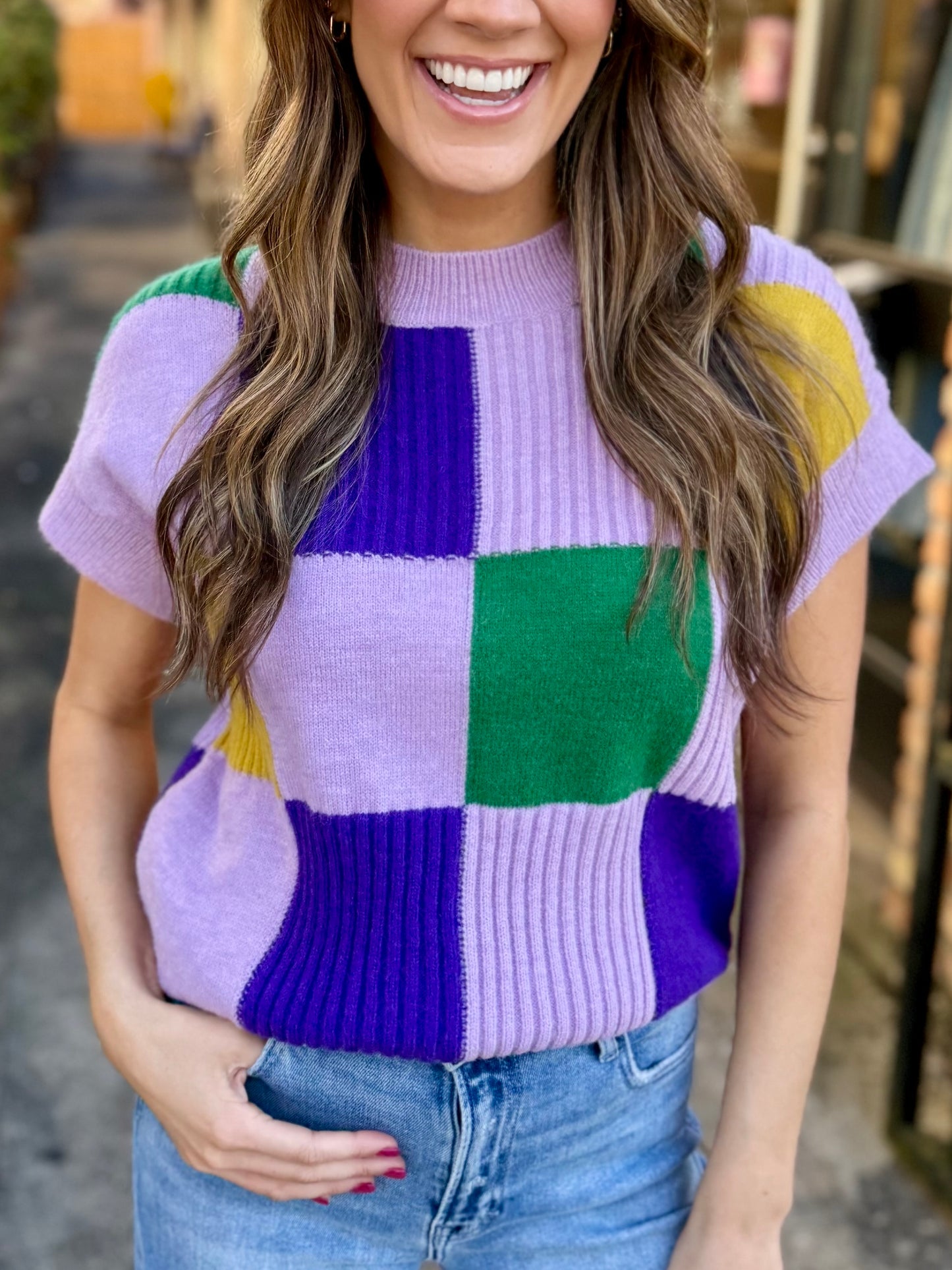 Cleopatra Checkered Sweater Top- Lavender