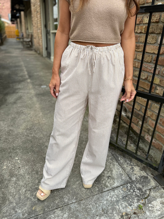 Striped Wide Leg Drawstring Pants- Taupe