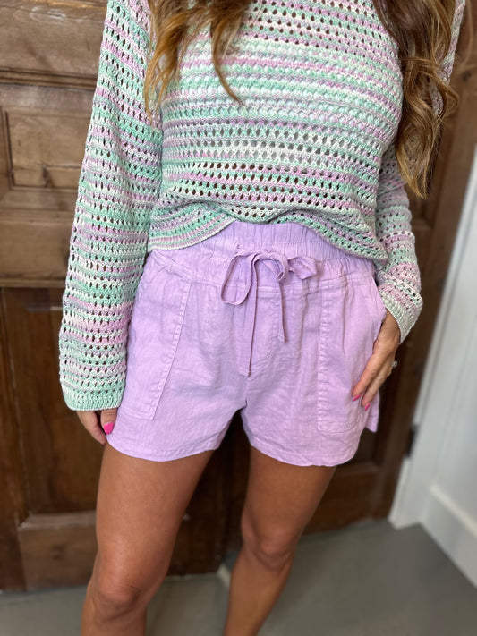 Drawcord Linen Shorts- Lavender