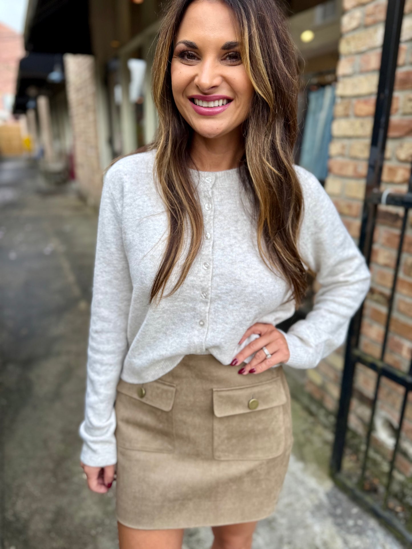 Faux Suede Pocketed Mini Skirt- Olive/Taupe