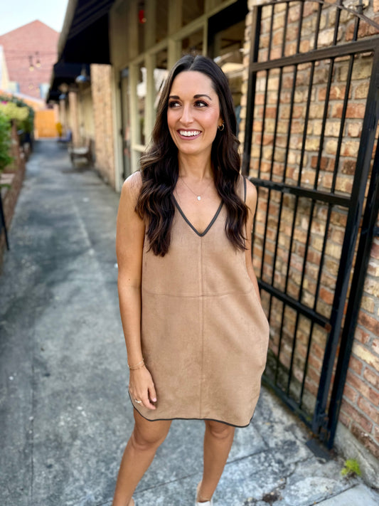 Brady V-Neck Suede Shift Dress- Mocha