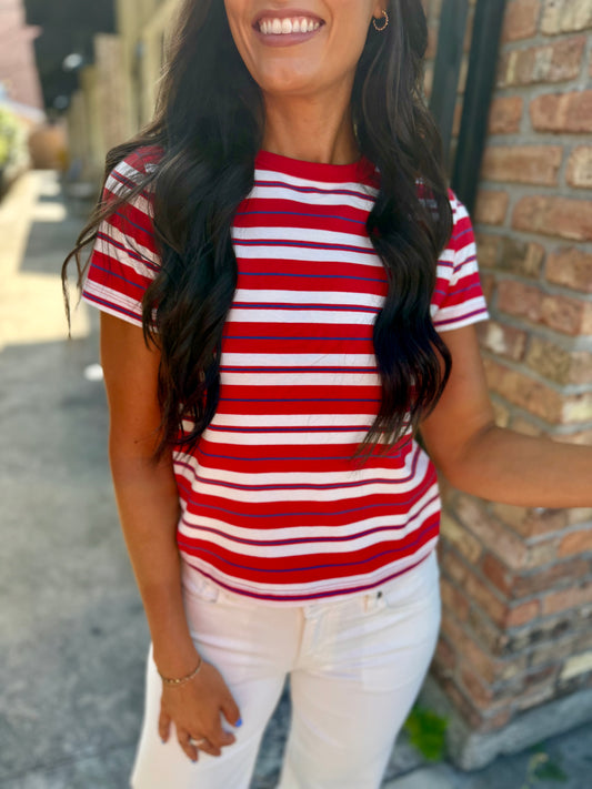 Zuma Stripe Crew Tee- Red